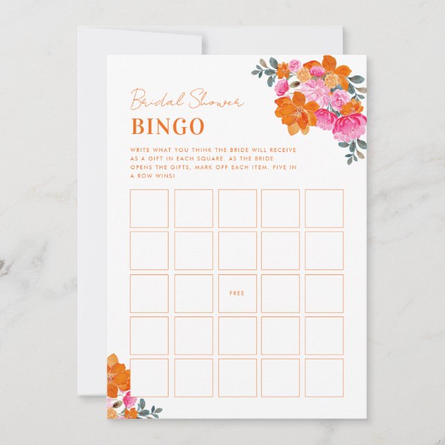 Ljus rosa orange blomsterbröllopsfest Bingo-spel Inbjudningar (Framsida)
