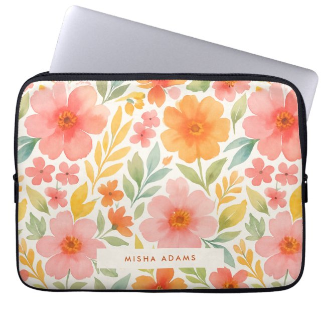 Ljus rosa orange vattenfärg blommönster  laptop fodral (Framsidan)