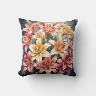 Ljus rosa orange vita liljor vattenfärg blomster kudde