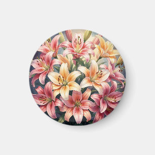 Ljus rosa orange vita liljor vattenfärg blomster magnet