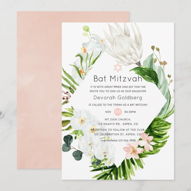 Ljus rosa paradis Tropisk blomster Bat Mitzvah Inbjudningar (Fram/baksida)
