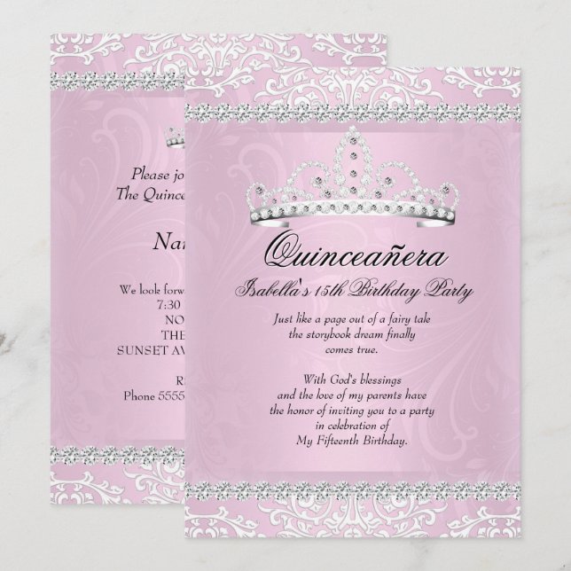 Ljus rosa Quinceanera 15:e Födelsedagsfesten Tiara Inbjudningar (Fram/baksida)