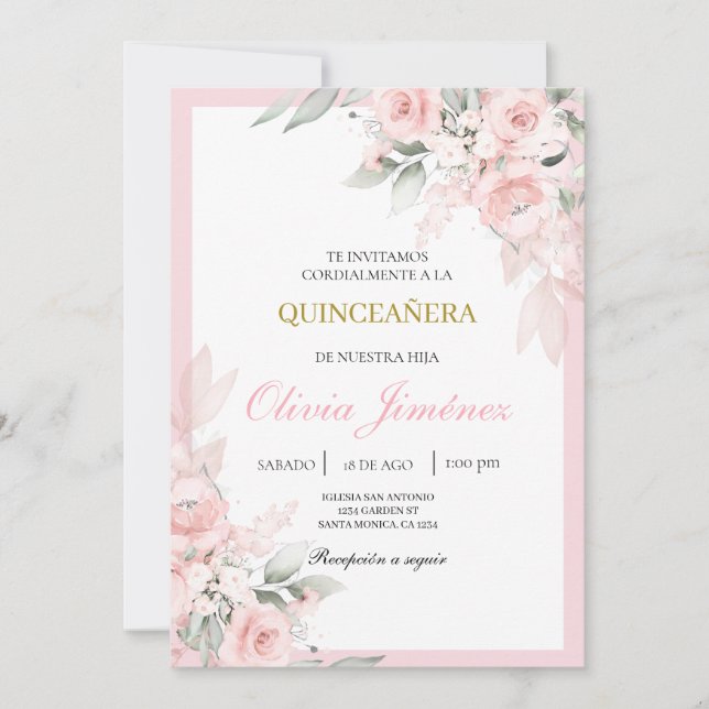 Ljus rosa quinceañera inbjudningar (Framsida)