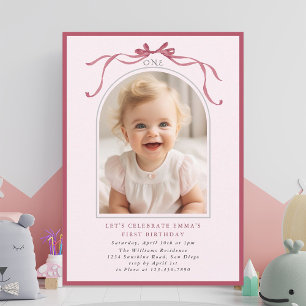 Ljus rosa röd rosett flicka 1-års födelsedagsbåge  inbjudningar