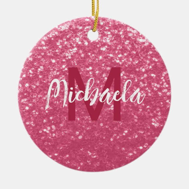 Ljus rosa ros falska gnistor glitter Monogram Julgransprydnad Keramik (Framsidan)