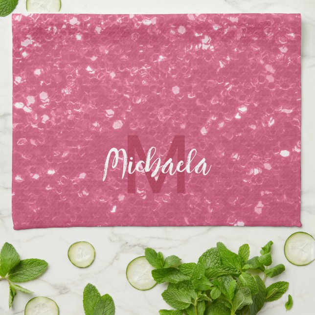 Ljus rosa ros falska gnistor glitter Monogram Kökshandduk (Vikta)