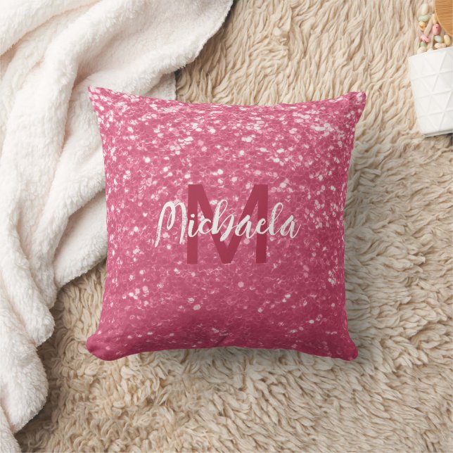 Ljus rosa ros falska gnistor glitter Monogram Kudde (Filt)