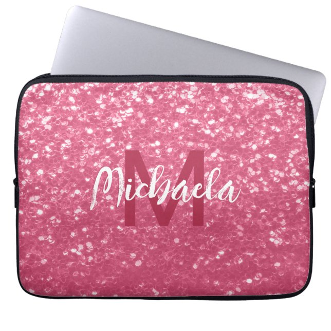 Ljus rosa ros falska gnistor glitter Monogram Laptop Fodral (Framsidan)