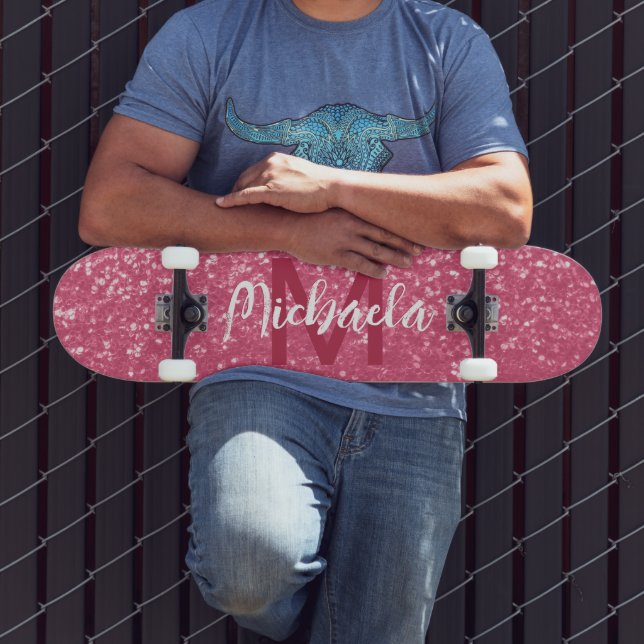 Ljus rosa ros falska gnistor glitter Monogram Mini Skateboard Bräda 18,5 Cm (Utomhus 3)