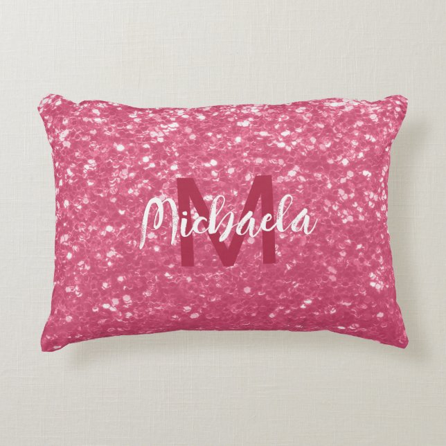 Ljus rosa ros falska gnistor glitter Monogram Prydnadskudde (Framsidan)