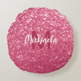Ljus rosa ros falska gnistor glitter Monogram Rund Kudde