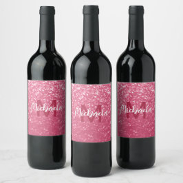 Ljus rosa ros falska gnistor glitter Monogram Vinflaska Etikett