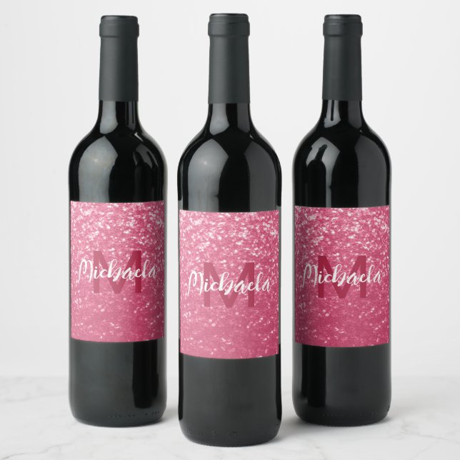 Ljus rosa ros falska gnistor glitter Monogram Vinflaska Etikett (Flaskor)
