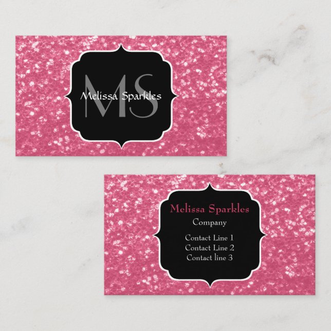 Ljus rosa ros falska gnistor glitter Monogram Visitkort (Fram/baksida)