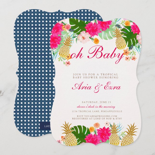 Ljus Rosa Tropical Pineapple Baby Shower Inbjudan (Fram/baksida)