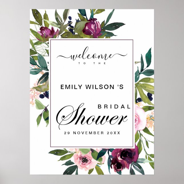 LJUS ROSÉ BORGUND FLORAL BRUDSHOWER VÄLKOMMEN POSTER (Framsidan)