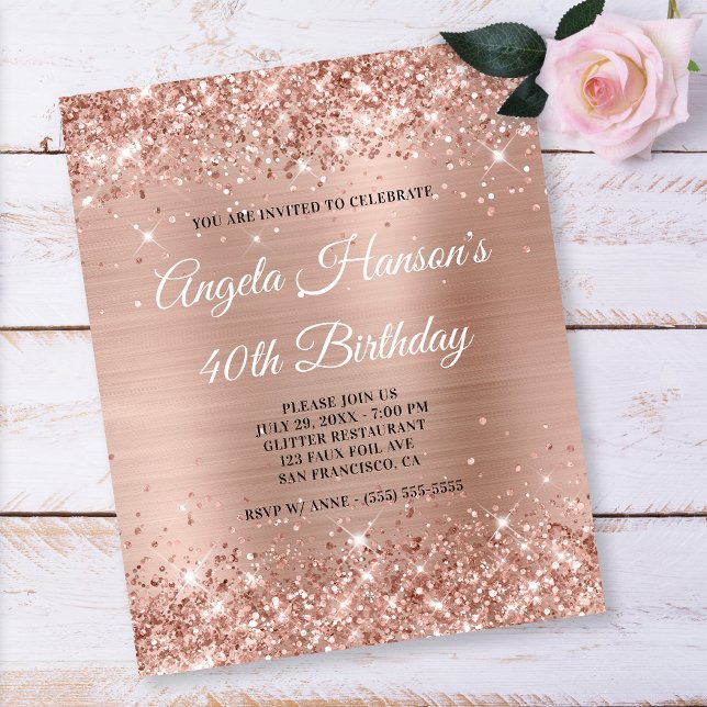 Ljus Roséguld Glitter 40-års Födelsedag Pappersfly Flygblad (Skapare uppladdad)
