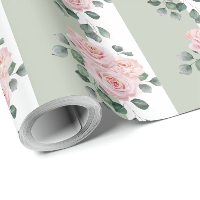 Ljus sagegrön och vit randig vattenfärgrosor presentpapper (Rullad Hörn)
