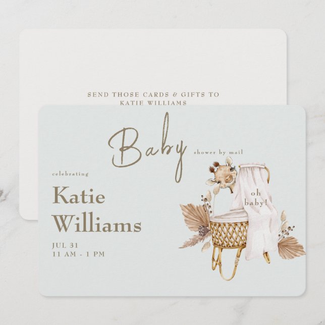 Ljus Salvia Bebis Shower Säng Giraff Virtuell Inbjudningar (Fram/baksida)