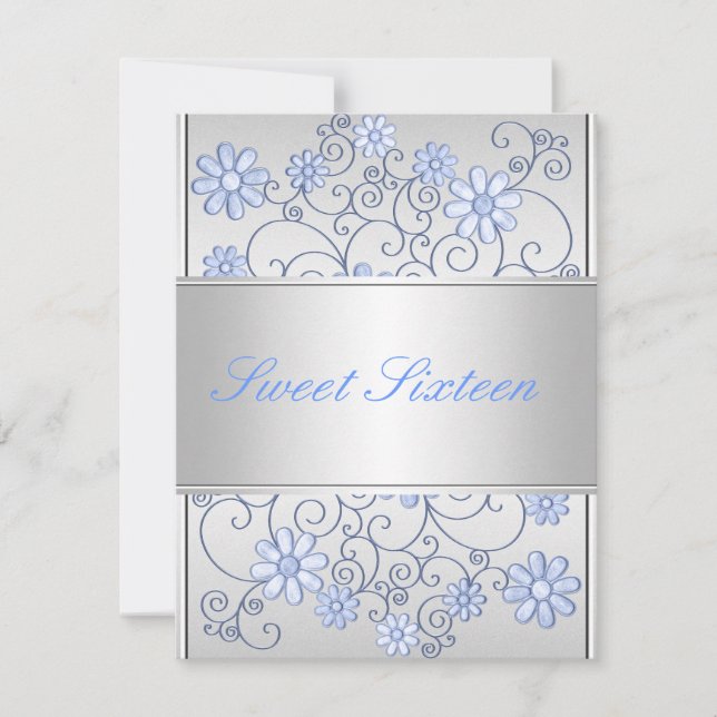 Ljus silver metall bleka blå blommor 16-årsdag inbjudningar (Framsida)