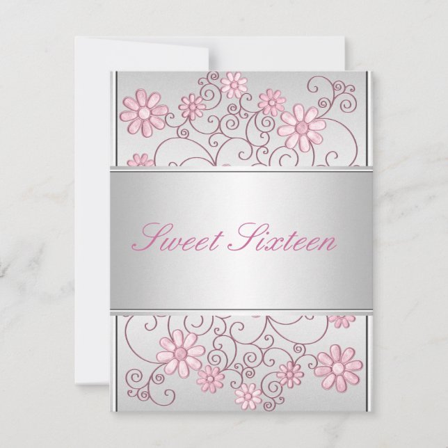 Ljus Silver Metall Ljus Rosa Blommor 16-årsdag Inbjudningar (Framsida)