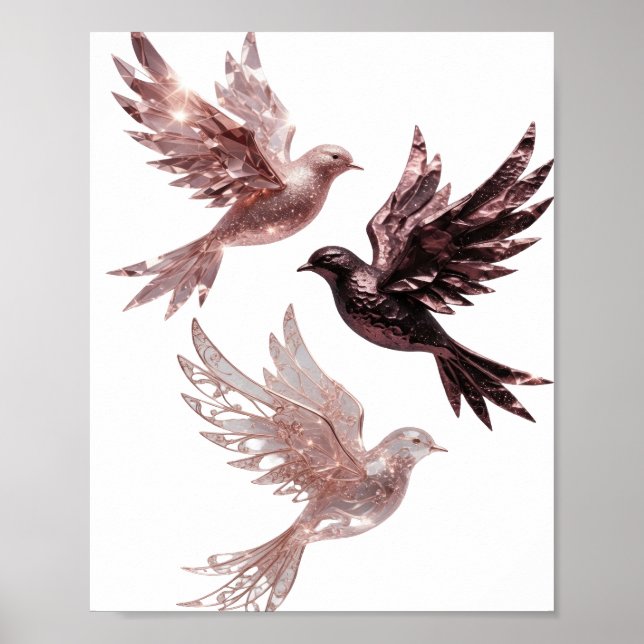 Ljus Silver ROSEGULD FÅGLAR 3D Text Konst Poster (Framsidan)