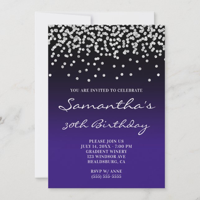 Ljus silverglitterkonfetti svart indigo gradient inbjudningar (Framsida)