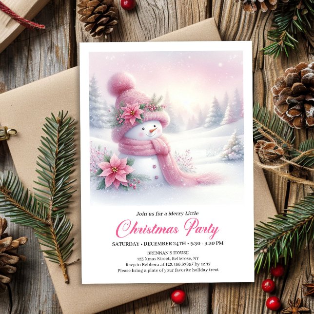 Ljus snig skog Rosa snömannen jul inbjudan  (Bright Snowy Forest Pink Snowman Christmas Invite Digital)