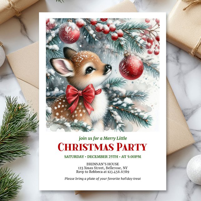 Ljus snig skogsbarn hjort jul inbjudan (Bright snowy forest baby deer Christmas invitation)