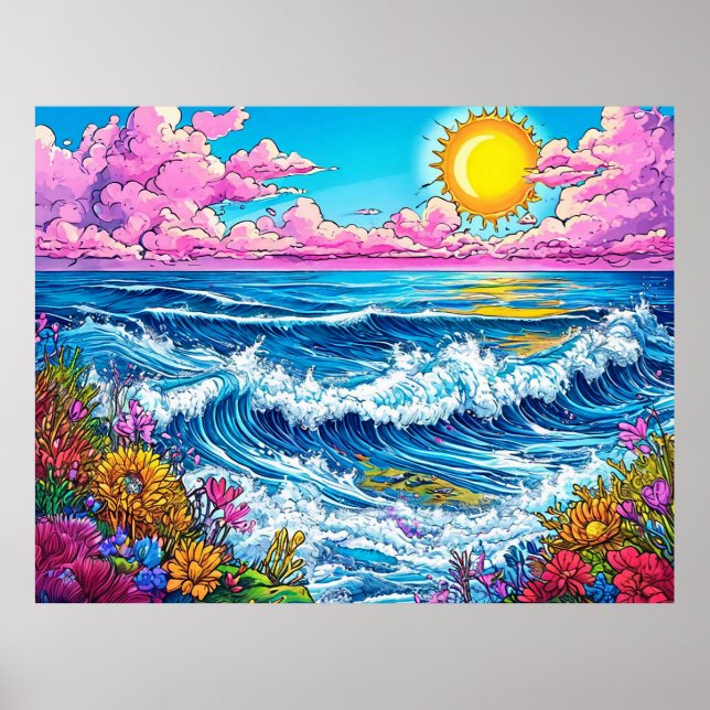 Ljus sol som belyser havsvågorna poster (Framsidan)