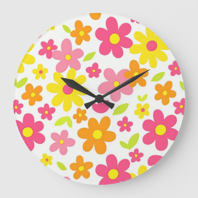 Ljus sommarblomma retro rosa och gul mönster stor klocka (Framsida)