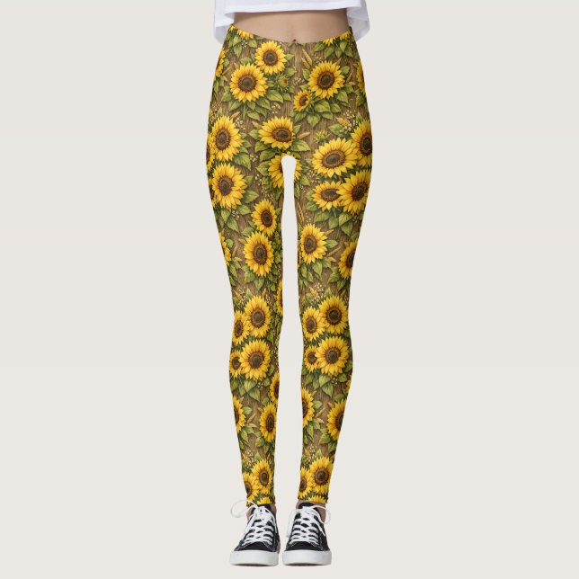 Ljus sömnadsmönster med solrosar leggings (Framsida)