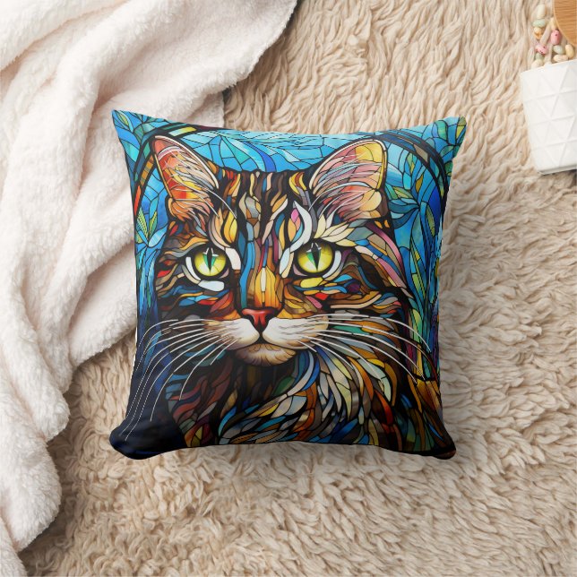 Ljus Tabby Katt Glasmosaik Stil Kudde (Filt)