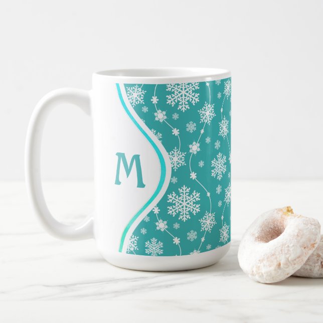 Ljus Teal Blue Winter White Snowflake Mönster Kaffemugg (Med munk)
