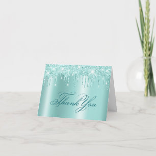 Ljus Teal Glitterdroppar Glänsande Tack Kort