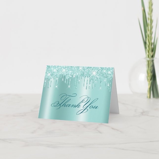 Ljus Teal Glitterdroppar Glänsande Tack Kort (Framsida)