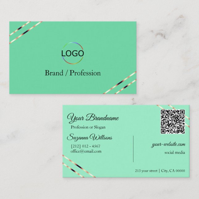 Ljus Teal med Rose Guld Linjer Logo och QR-kod Visitkort (Fram/baksida)