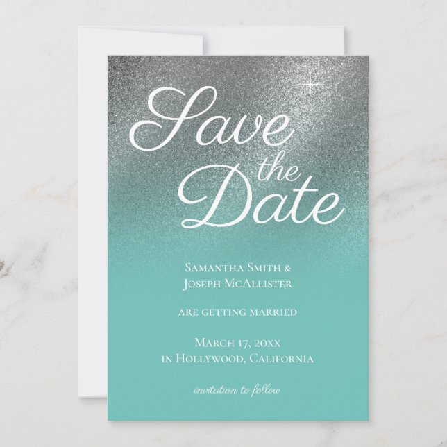 Ljus Teal Silver Fin Glitter Ombre Spara Datum Inbjudningar (Framsida)