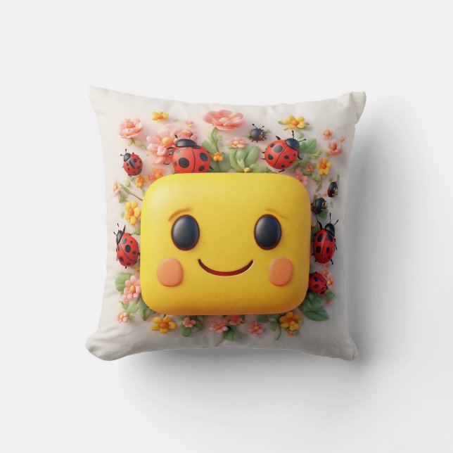 Ljus Tecknad Illustration with Ladybugs, Flowers Kudde (Framsida)