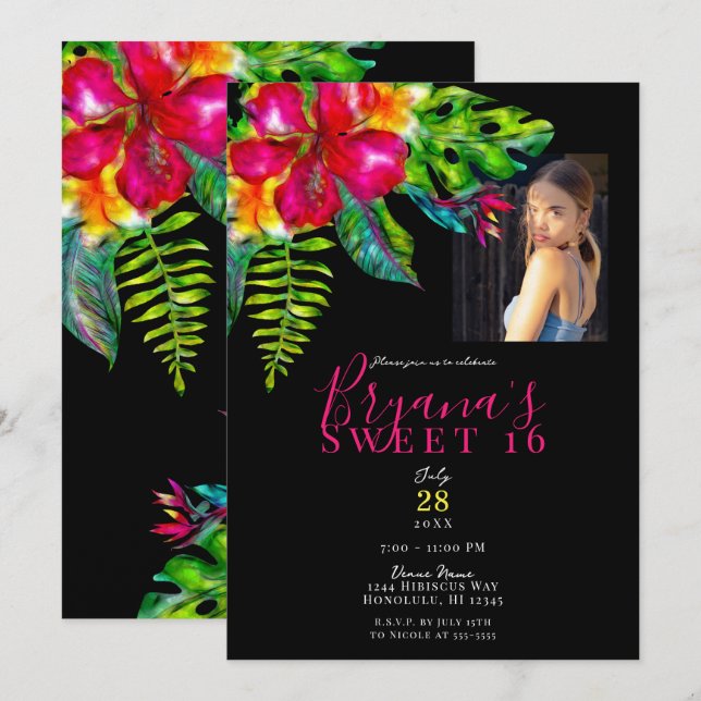Ljus Tropical Hibiscus Colorpop Sweet 16 Party Inbjudningar (Fram/baksida)