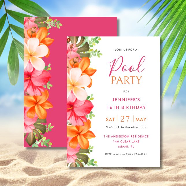 Ljus tropisk blommande födelsedags poolparty rosa inbjudningar (Skapare uppladdad)