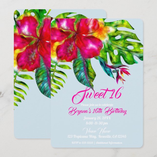 Ljus tropisk blomster Hibiskus & blad Sweet 16 Inbjudningar (Fram/baksida)