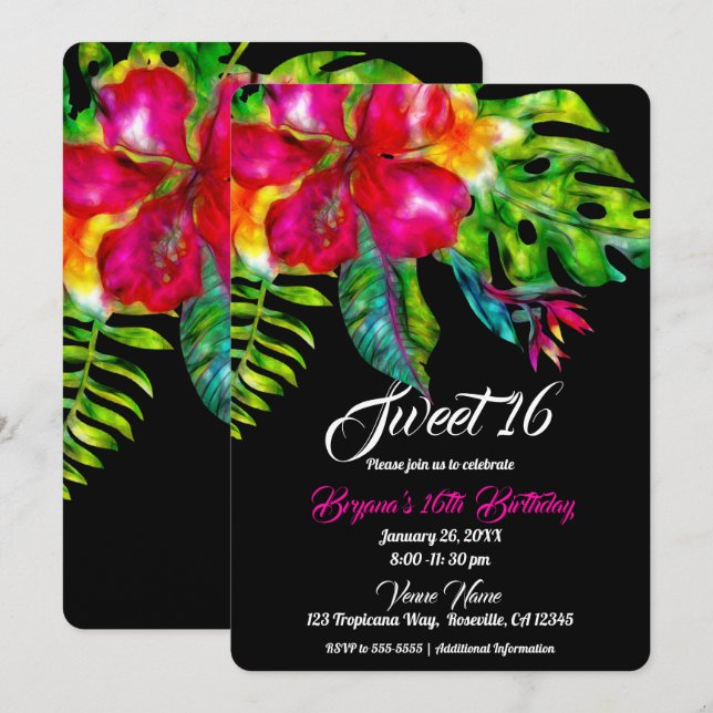 Ljus tropisk blomster Hibiskus & blad Sweet 16 Inbjudningar (Fram/baksida)