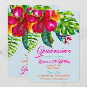 Ljus tropisk blomster Hibiskusblad Quinceañera Inbjudningar
