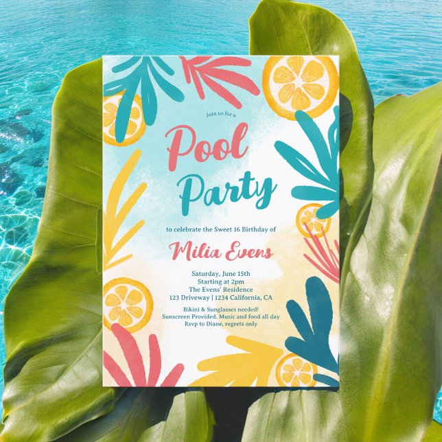 Ljus tropisk strand bassäng party Sweet 16 Inbjudningar (Bright bold Tropical beach pool party Sweet 16 Invitation)