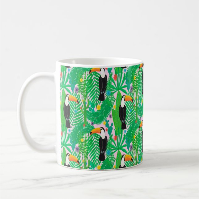 Ljus tropiska sömlös hand plockade mönster med t kaffemugg (Vänster)