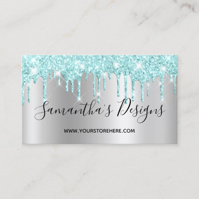 Ljus Turkos Glitterdropp Silver Ombre Visitkort (Framsida)