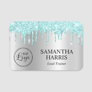 Ljus turkos glitterdroppar Silver Ombre Shimmer Namnbricka