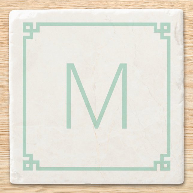 Ljus turkos grekisk nyckel kant monogram stenunderlägg (Light Teal Greek Key Border Monogram Stone Coaster)