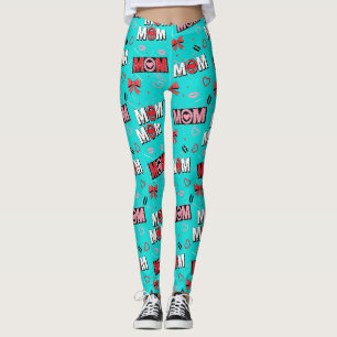 Ljus turkos MAMMA hjärtan slingor popmönster Leggings